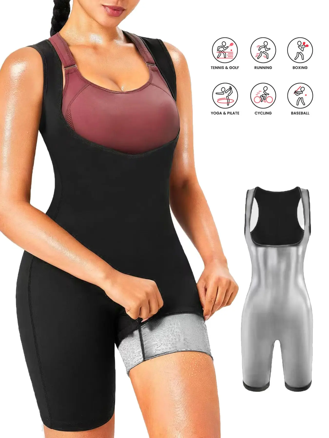 Women's Sauna Suit Sweatshirt Waist Cincher Training Vest, 4-In-1 Shaping Full Body Sauna Sports Jumpsuit, Gym Workout Sweatsuit, Activewear Clothing, Workout Jumpsuits, Fitness Outfits