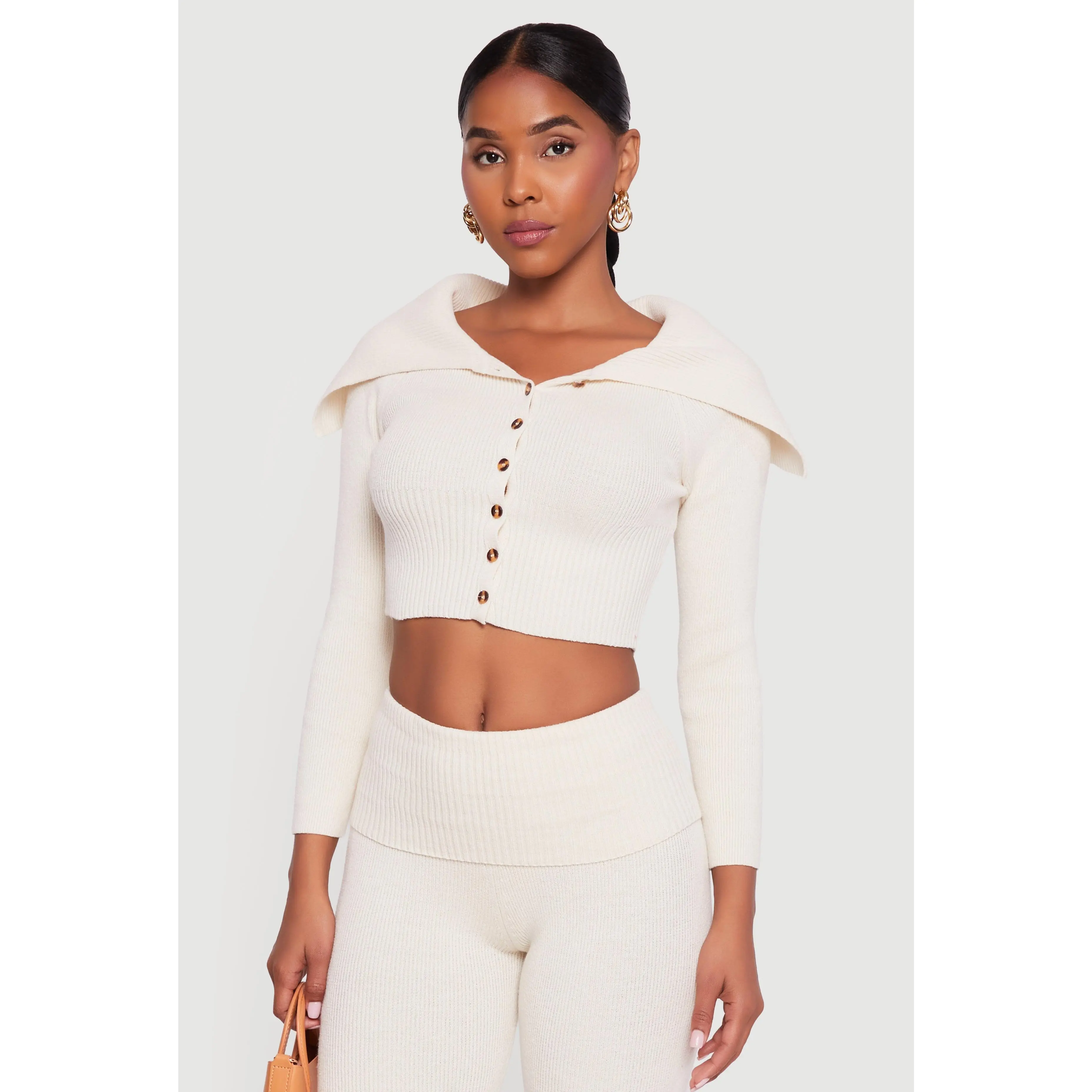 Fold Over Collar Ribbed Knit Button Front Sweater