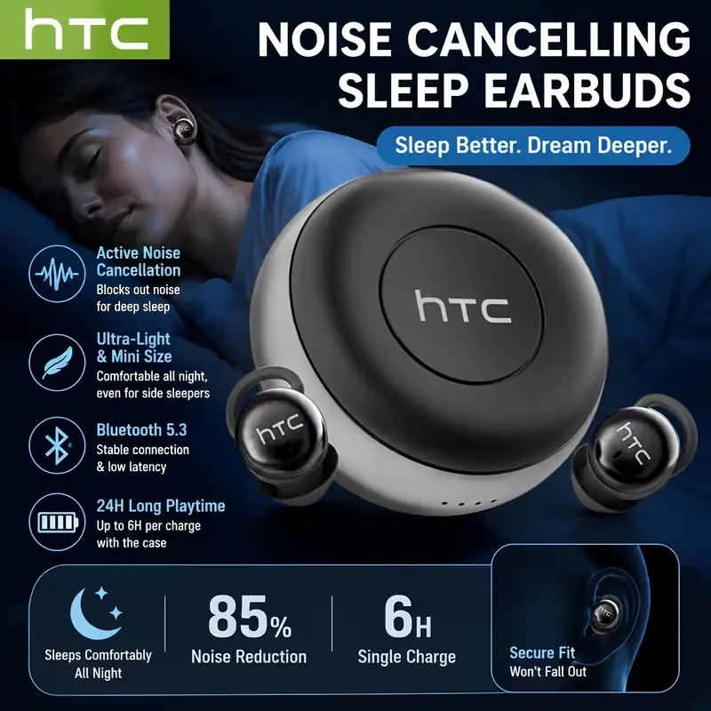 HTC NE91 Invisible Sleep Wireless Earbuds with True Sleep Noise Isolation Touch Operation for Sleeping Working Travel Ultra Mini Compact Fit ENC Clear Call Game Audio Sync Immersive Live Concert Sound 18H Playtime Holiday Present