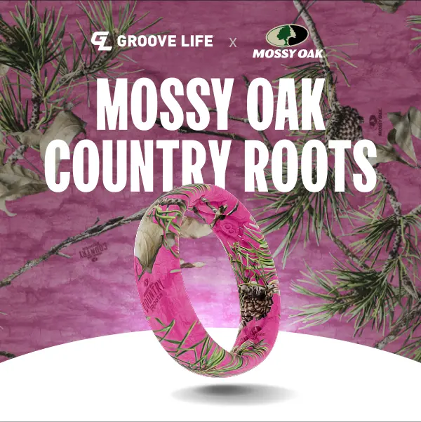 Groove Life x Mossy Oak Country Roots Ring - Hot Pink Camo Thin Ring, Breathable, Comfortable, Camouflage Rubber Wedding Rings for Women, Women's Jewelry, Accessory, Groove Guarantee