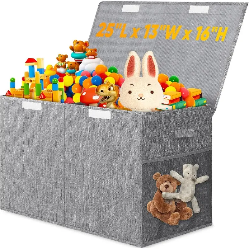 Large Toy Storage Box with Lid Divider Sturdy Collapsible Toys Organizer Chest Storage Bins Boxes Baskets for Boys Girls Nursery Bedroom Living Room Playroom 25x13x16 Gray