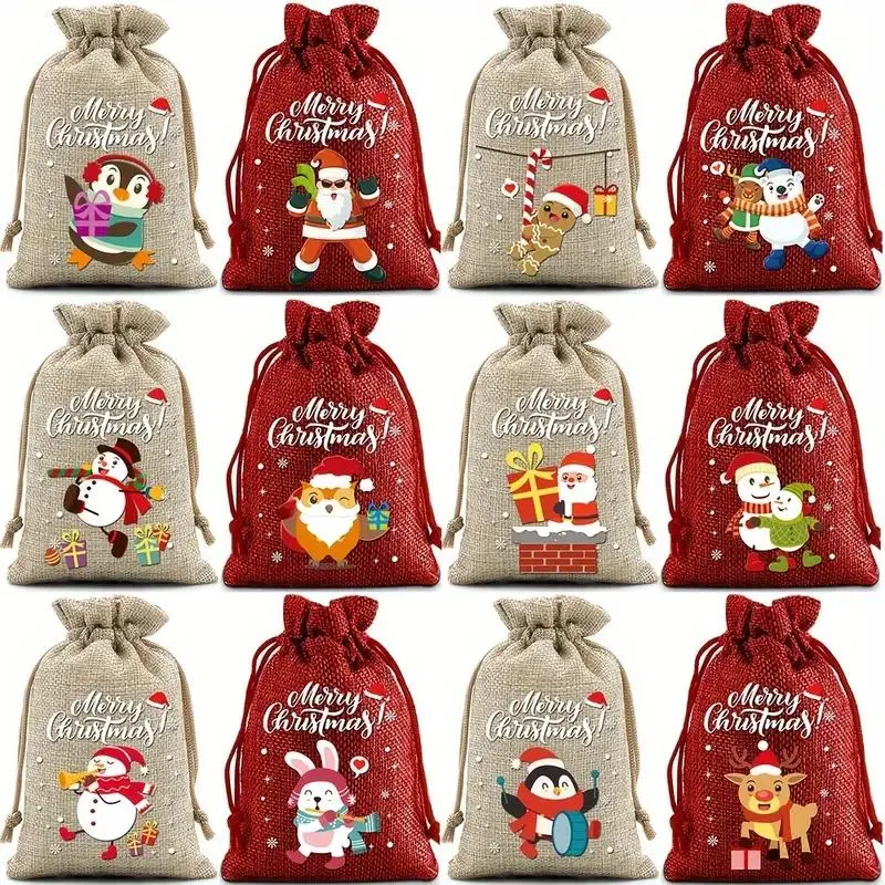 36pcs Christmas Drawstring Gift Bags, Xmas Wrapping Bags, Gift Wrapped Burlap Jute Bags for Presents, Holiday Party Favors Assortment, Best for Christmas, Gift Bags Bulk