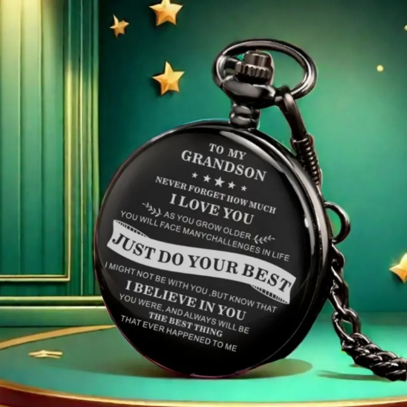 Exquisite Engraved To My Grandson Quartz Pocket Watch Steampunk Clock Men Pendant Necklace Watches for Gifts
