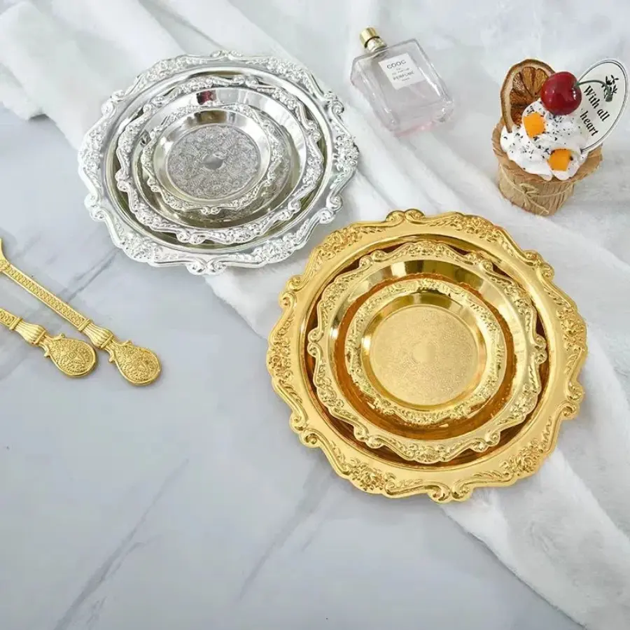 Lace Serving Tray (1-Count) – Gold & Silver Vintage Classic Design | Elegant wedding décor for centerpieces, dessert tables, dessert plates, and receptions, Tableware, Dessert Serving Trays