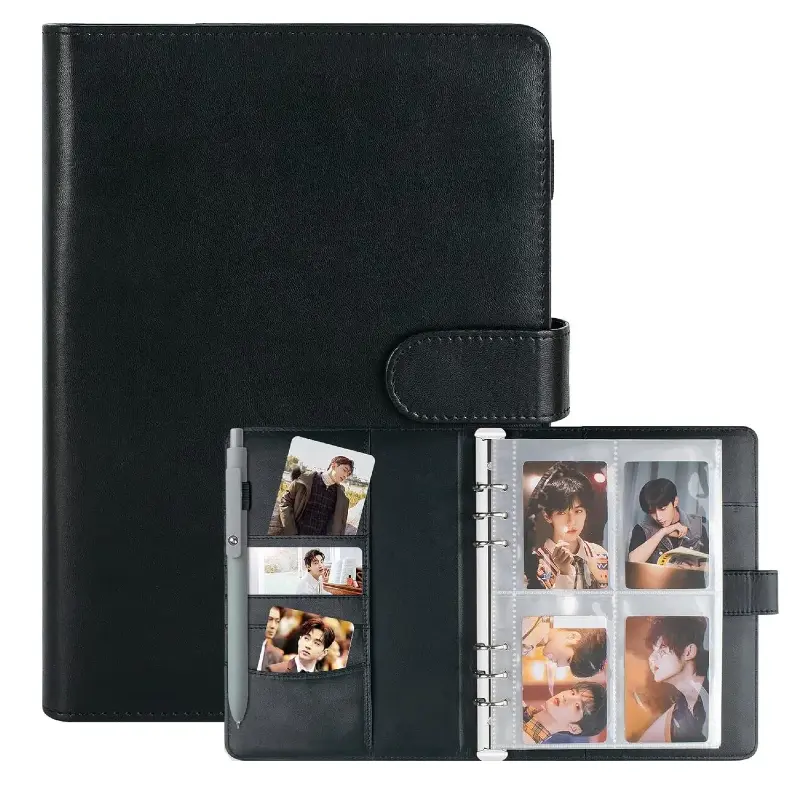 A5 Kpop Photocard Binder, PU Leather 6-Ring Album with Magnetic Closure, Includes 30 Pack 4-Pocket Pages for 240 Cards, Card Holder for Trading and Collectible Cards(PVC-Free),Black