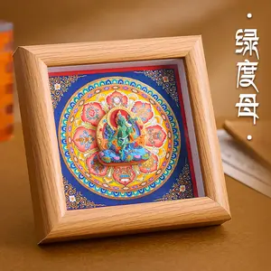 Hand-Painted Tibetan Buddhist Tsatsa Thangka Altarpiece with 8 Auspicious Symbols Mandala, Portable Desktop Altar for Wealth, Protection, Healing