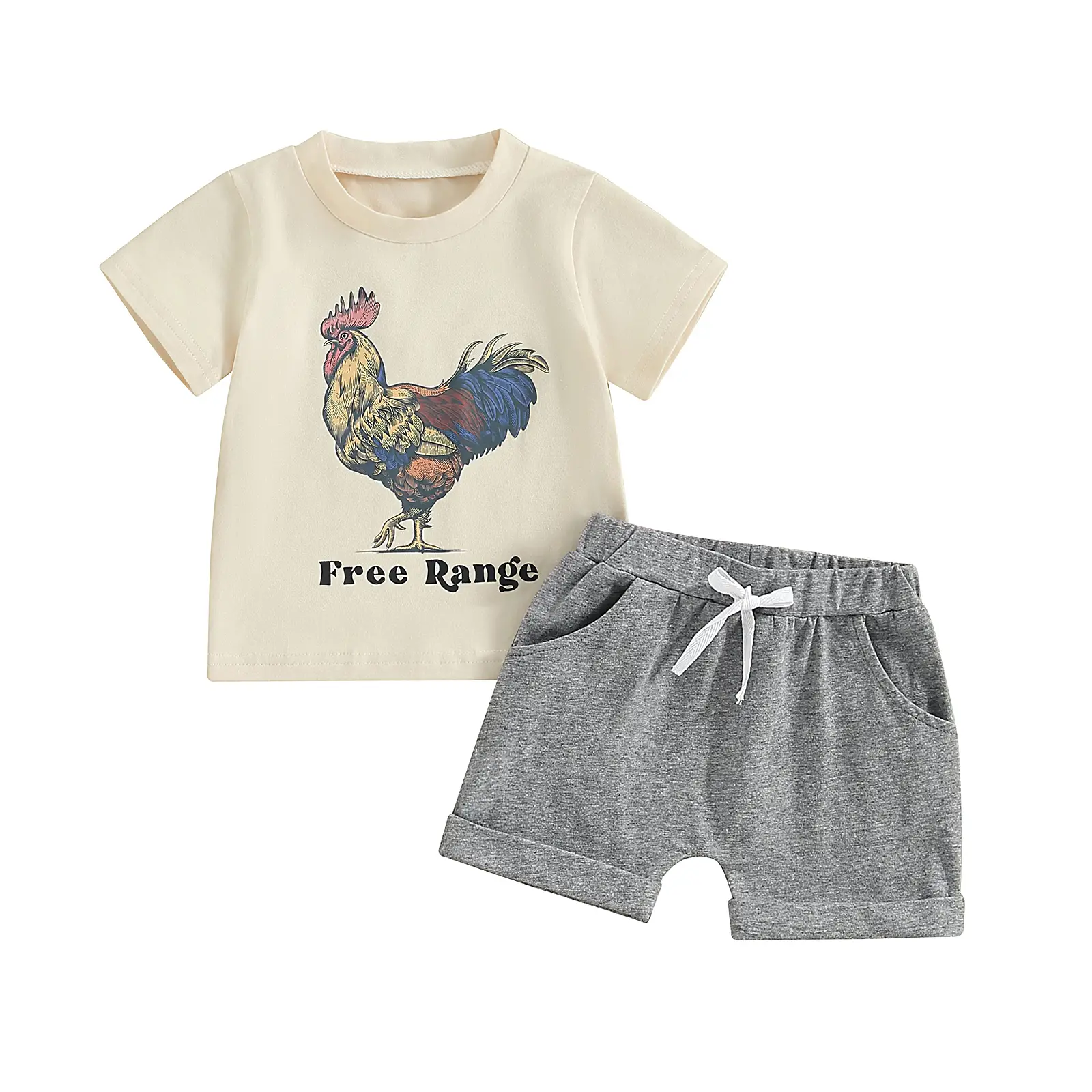Toddler Baby Boy Farm Summer Clothes Free Range Chicken Print Short Sleeve T-Shirt Elastic Waist Pockets Shorts Casual Tracksuit