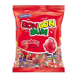 Colombina Bon Bon Bum Strawberry Lollipops Fruit Hard Candy, Individually Wrapped Sweet Strawberry Pops, 24 Count