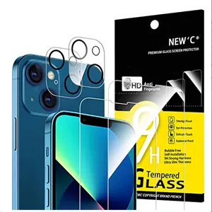 NEW'C Pack of 4, 2 x Tempered Glass Screen Protectors for iPhone 13 (6,1") and 2 x Camera Tempered Glass for Camera Protection, Scratch-Resistant, No Air Bubbles, Extremely Durable, 9H Hardness Glass