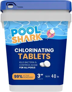 Pool Shark 3-Inch Tabs Slow-Dissolving 90% Active Tabs 40 lb Bucket Pool for Swimming Pools Saltwater Pool Shark 3-Inch Tabs Slow-Dissolving 90% Active Tabs 40 lb Bucket Pool for Swimming Pools Saltwater