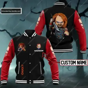 Chucky Horror Varsity Jacket Unisex, Scary Movie Inspired Streetwear, Killer Doll Theme Bomber Coat, Gift Idea