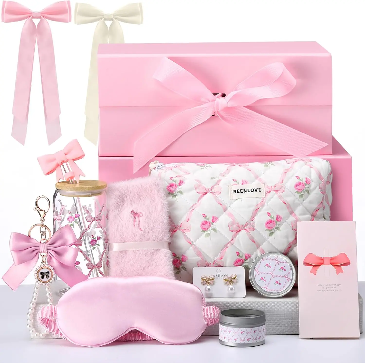 Women Gift Box Pink Bow Gift for Mother with Makeup Bag 20oz Glass Cup Earrings Rope Plush Socks Scented Candle Greeting Card Keychain Pendan Gift for Church Christian Girl Wife Friend Sister, Mother's Day Gift, 12pcs