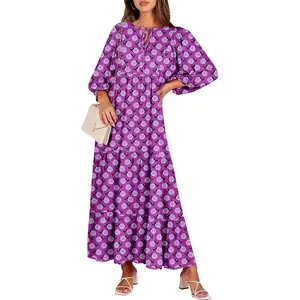 ANRABESS Womens Boho Maxi Dresses 2026 Summer V Neck Puff Sleeve Floral Flowy Swing Casual Long Dress