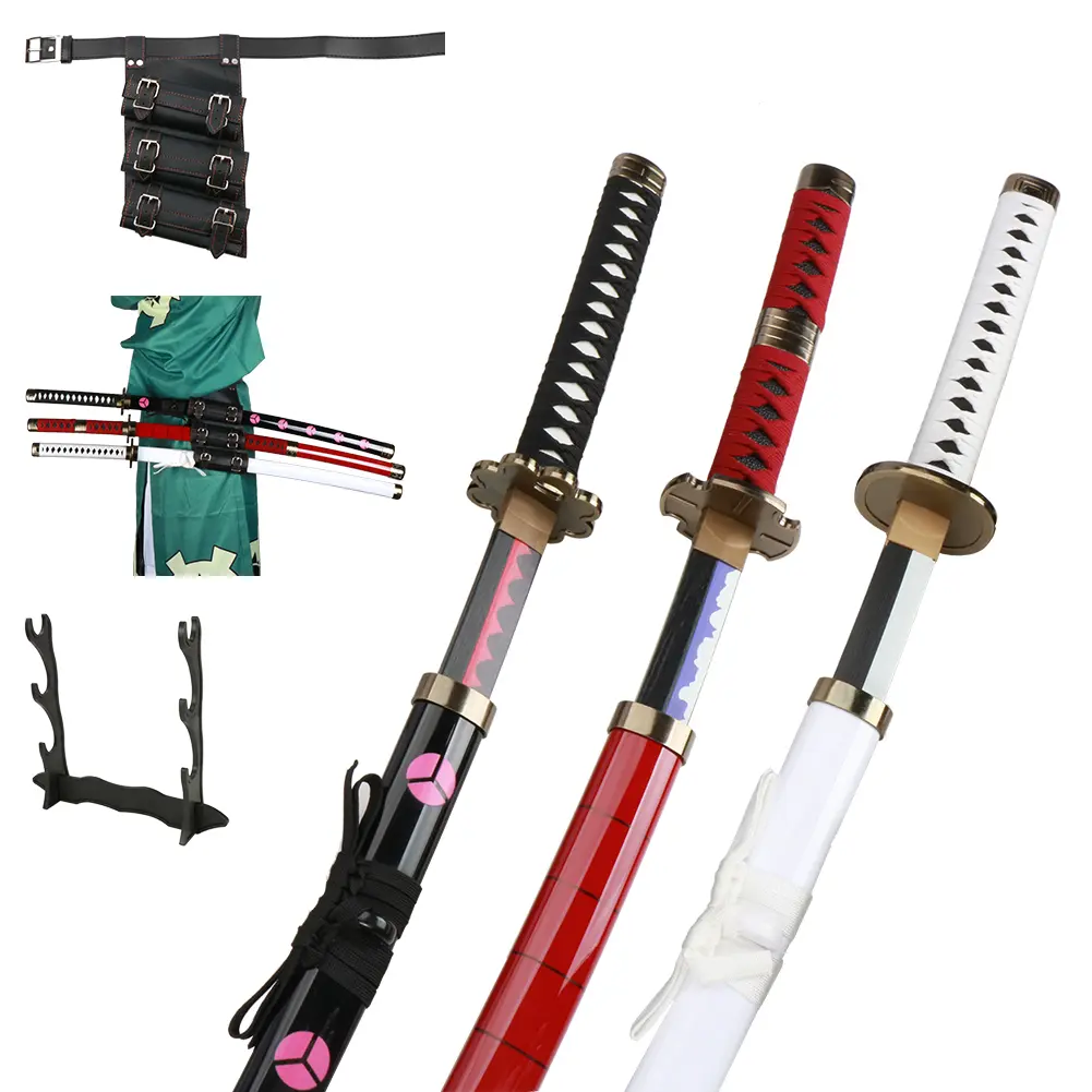 ELERVINO 41in Unisex Bamboo-Wooden Plastic 12 Years Above 1x Cosplay Roronoa Zoro Sword Set - Shusui, Wado Ichimonji, Sandai Kitetsu Swords, 1x Black Belt Stand Display for Anime Cosplay, Christmas Decoration, Collectibles, 1 X Cosplay Roronoa Zoro Sword