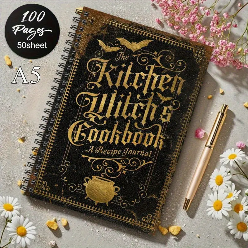 A vintage Gothic-style cookbook - black and gold cover with ornate borders, A5 recipe journal, Spiral Notebook Journal (5x8.3 inches) - Suitable for the kitchen, dining room - A gift for home cooks, bakers, and Gothic-style decor - Durable paper n