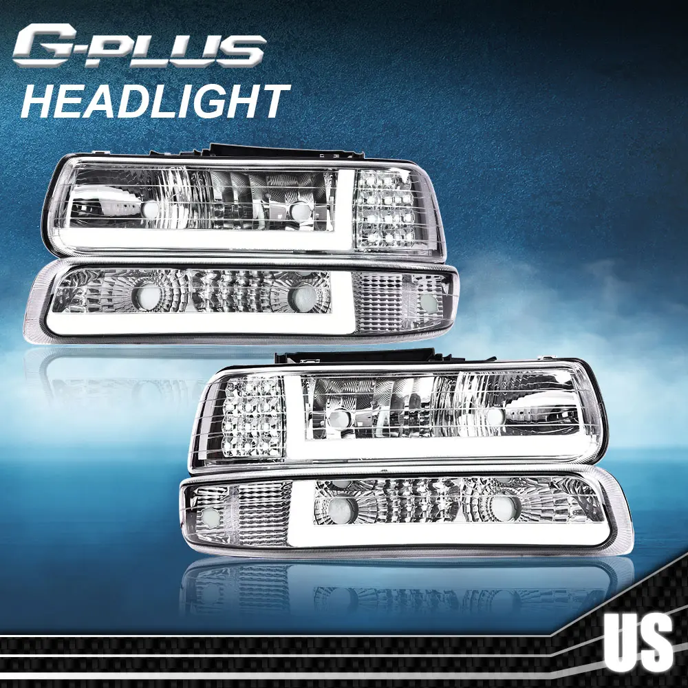 G-PLUS Polycarbonate LED DRL Headlamp Assembly - Chromed Look Chrome Housing with Signal Bumper Lights, Dark-to-Brightening Function, for 1999-2002 Chevy Silverado, 2000-2006 Tahoe, Chevy Trucks Vehicle & Truck Accessories, Vehicle Accessories, Night Driv