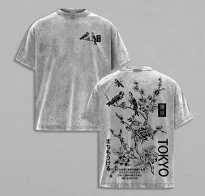 Tokyo Sakura Birds Double Printed Vintage Washed Tee, Unisex Oversized Heavyweight Cotton T-shirt for Japanese Aesthetic Fans Regular Fit Street Round Neck T-Shirt For Men's And Women , Menswear For Daily Outdoor Tokyo Streetwear