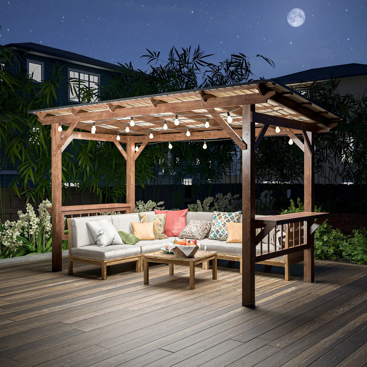 13' x 6.5' Wooden Pergola Grill Gazebo with Metal Roof & Bulbs & Bar Counters 13' x 6.5' Wooden Pergola Grill Gazebo with Metal Roof & Bulbs & Bar Counters
