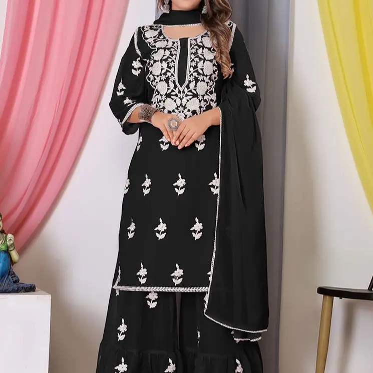 Black Thread Embroidery Work Bamber Georgette Pakistani Sharara Suit with White Resham & Lace Work Embroidery for Festive Wear