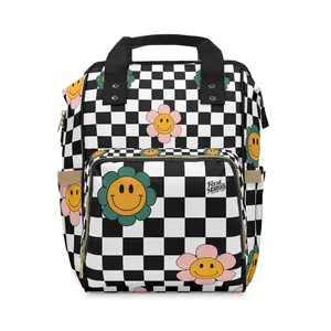 Diaper Bag Backpack, Bold Checkered Floral Print, Stylish Cool Mom Gear, Feral Mama On-The-Go, Baby Essentials Storage, Funky Diaper Bag