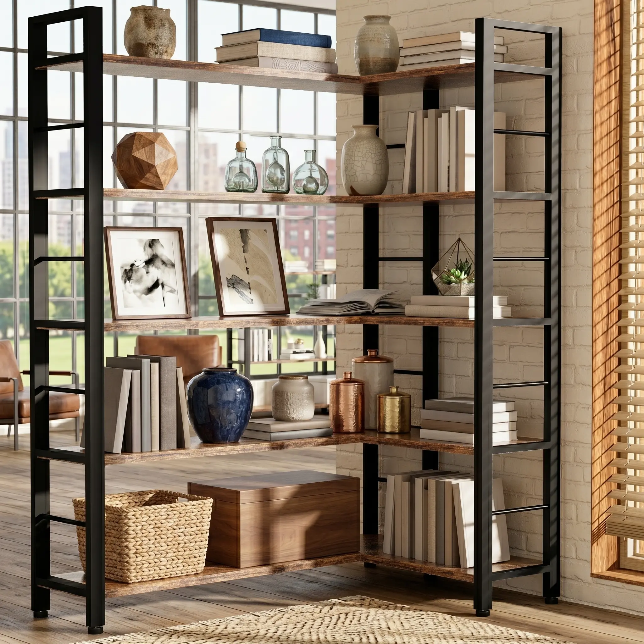 5-Tier L-Shaped Corner Bookshelf with App-Controlled LED Lights, Convertible Industrial Bookcase in Rustic Brown