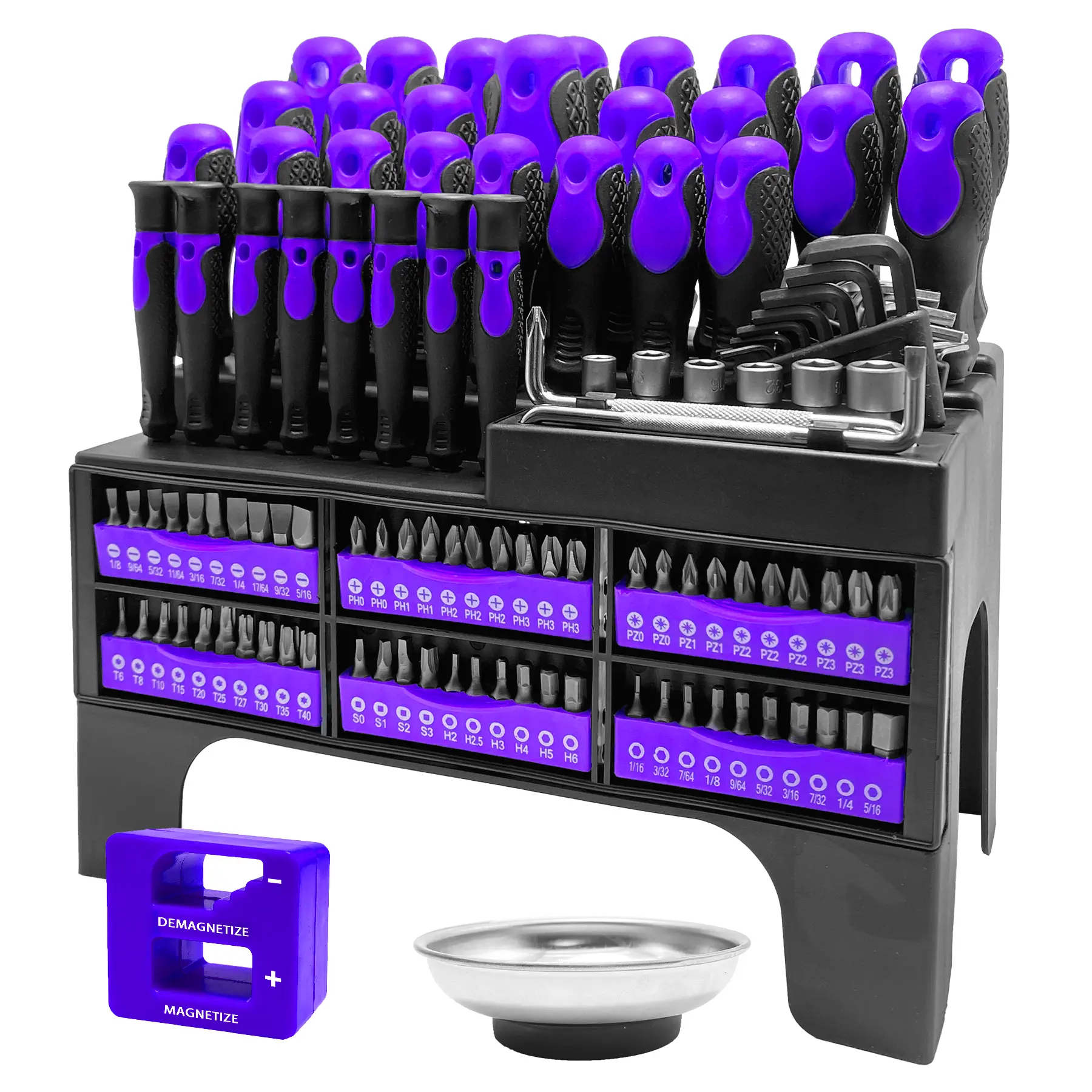 DARK DUCK  Purple 118-Pc Chrome Vanadium Steel Screwdriver Set - Magnetic Hex/Flat/Star Beads, Non-Slip Grip & Storage Rack - Ultimate DIY Tool Kit for Woodworking/Mechanics (Includes Bowl/Gloves)