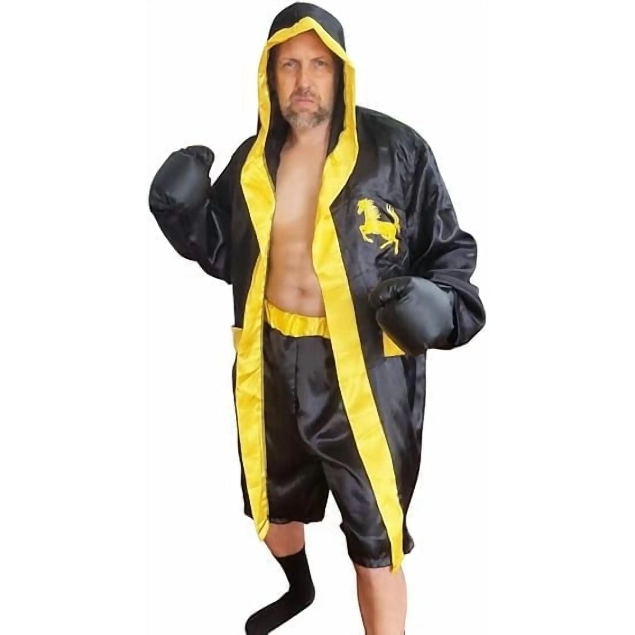 HandinHandCreations Men's Champion Boxing Costume, 4-Piece Set with Hooded Robe, Stretchy Shorts, Gold Belt, and Gloves, Menswear, Robe Set