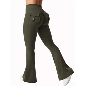 Women's Workout Flare Leggings with Pockets Hidden Scrunch High Waisted Cargo Gym Yoga No Front Seam Leggings Flared Joggers Fitness Outfit Sports Pants