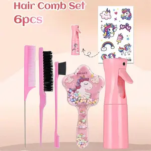 Unicorn Cartoon Hair Detangling Brush Set, Hair Styling Tool Set, Styling Kit, Heatless Styling Tools, Including Hair Brush & Hair Comb & Hair Clip & Hair Tie & Spray Bottle