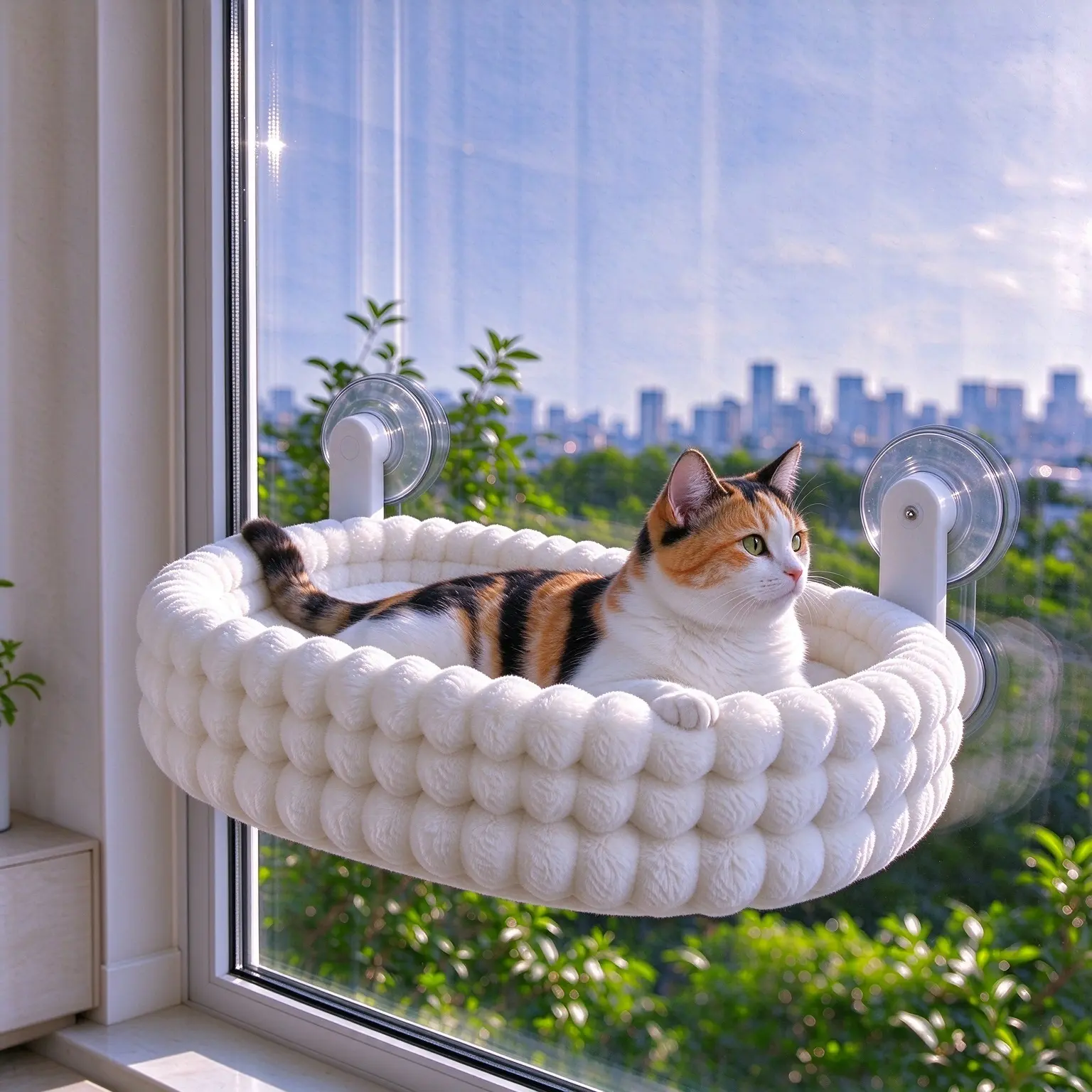 Cat Window Perch with Strong Suction Cups - 3 Tier Thick Plush Window Mounted Cat Bed Hammock for Indoor Cats, No Drilling Easy Install Soft Fluffy Cat Window Seat, Machine Washable Holds Up to 40 LBS for Sunbathing & Bird Watching