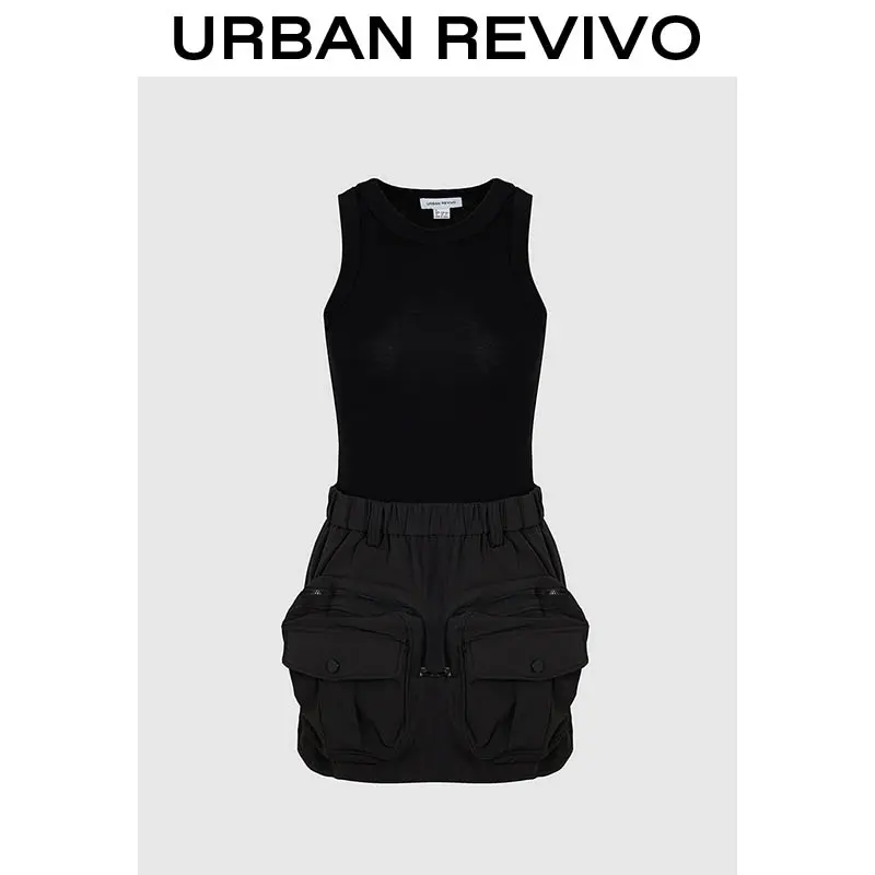 URBAN REVIVO 2025 Women's & Girls' Black Sleeveless Skater Dress - Elegant, Chic Casual Wear for Everyday Outfits, Cold Wash Compatible