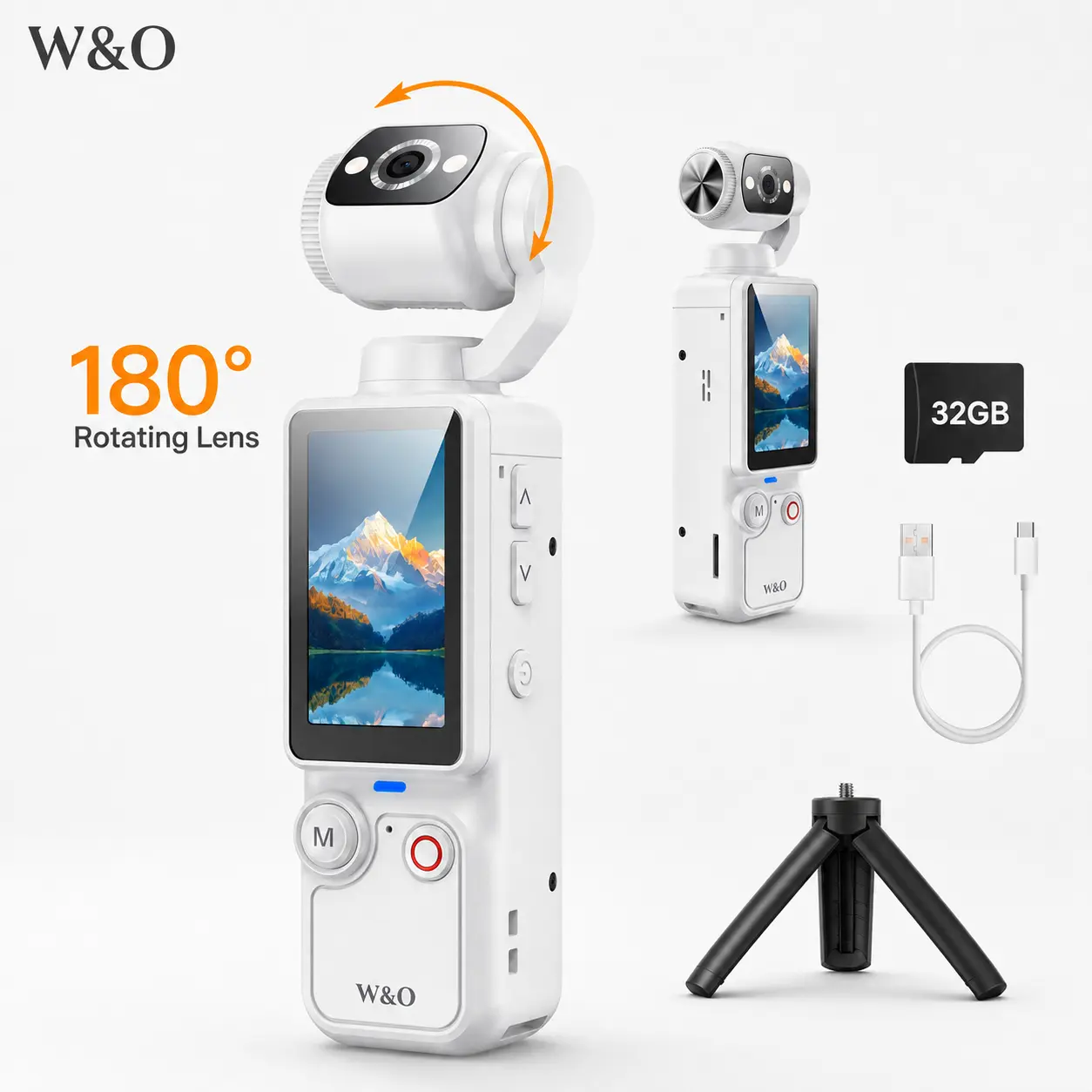 W&O Q7 Portable Vlogging Camera with 180° Rotating Lens, Autofocus, 1.9" Screen, 32GB Memory Card and Mini Tripod, USB-C Rechargeable Handheld Digital Camera for Travel, Selfies and Daily Recording