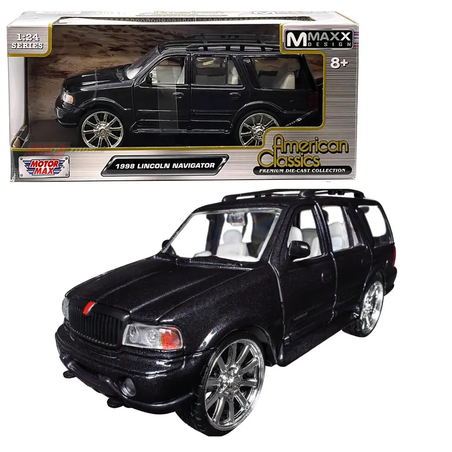 Motormax 1:24 1998 Lincoln Navigator with Custom Wheels – Black Diecast Model Truck