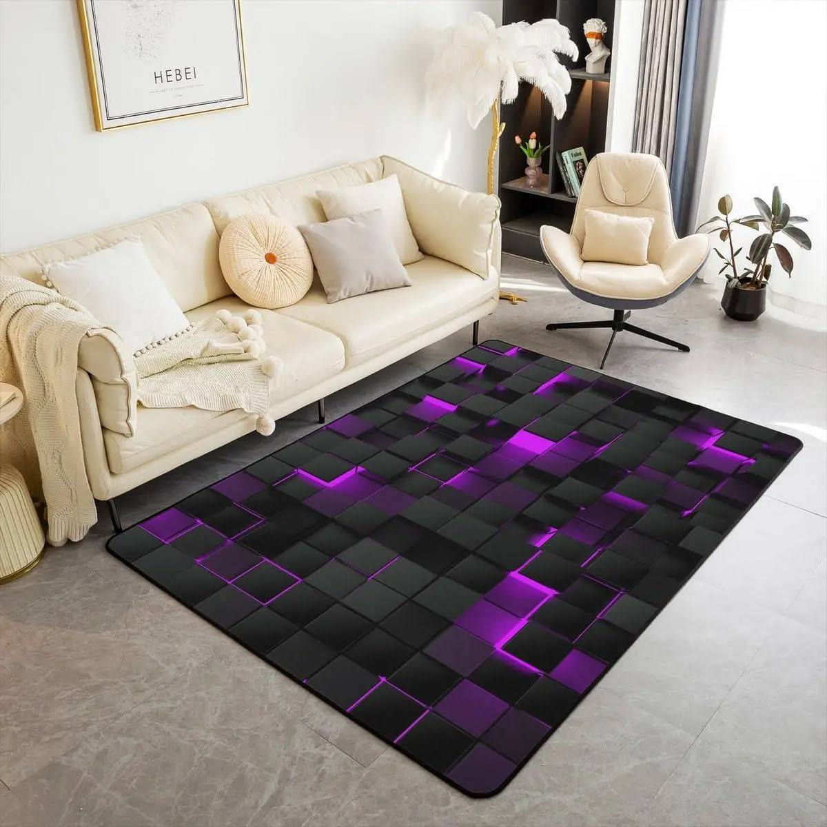 Neon Black Purple Area Rug Abstract Geometric Grid Checkered Rug Women Glowing Stereoscopic Plaid Carpet 3D Square Decorative Rug