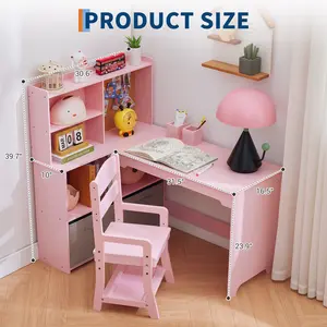 Space-Saving L-Shaped Kids Desk and Chair Set  for Children Ages 3-10 – White or Pink Features Bulletin Board, Open Shelves, Storage Cabinets & Cloth Drawers – Perfect Study and Playroom Furniture