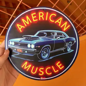 2D Flat Not Real Neon Light 8inches Round Aluminum Metal Wall Art Sign with “American Muscle”–Retro Garage & Man Cave Decor, Vintage Car Illustration, Durable Aluminum Plaque