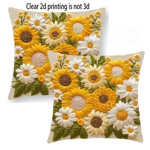 Sunflower Floral Pattern Pillow Cover Set, 45x45 Cm, Polyester Luxury, Zipper Closure, Farmhouse Decor, No Insert Included  Clear 2d printing is not 3d