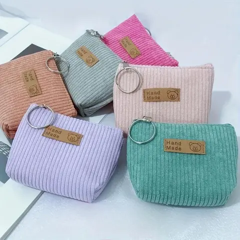 Random Color Mini Corduroy Coin Purse, 6 Counts Casual & Stylish Coin Purse, Washable Storage Bag for Keys, Cables, Coins, Rings, Card Pouch
