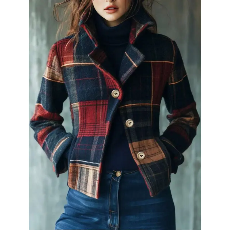 Elegant Plaid Print Button Front Casual Jacket for Women Long Sleeve Lapel Collar Pockets All Seasons Wear Home Daily Holiday Travel Red Tweed 100% Polyester Regular Fit Machine Washable