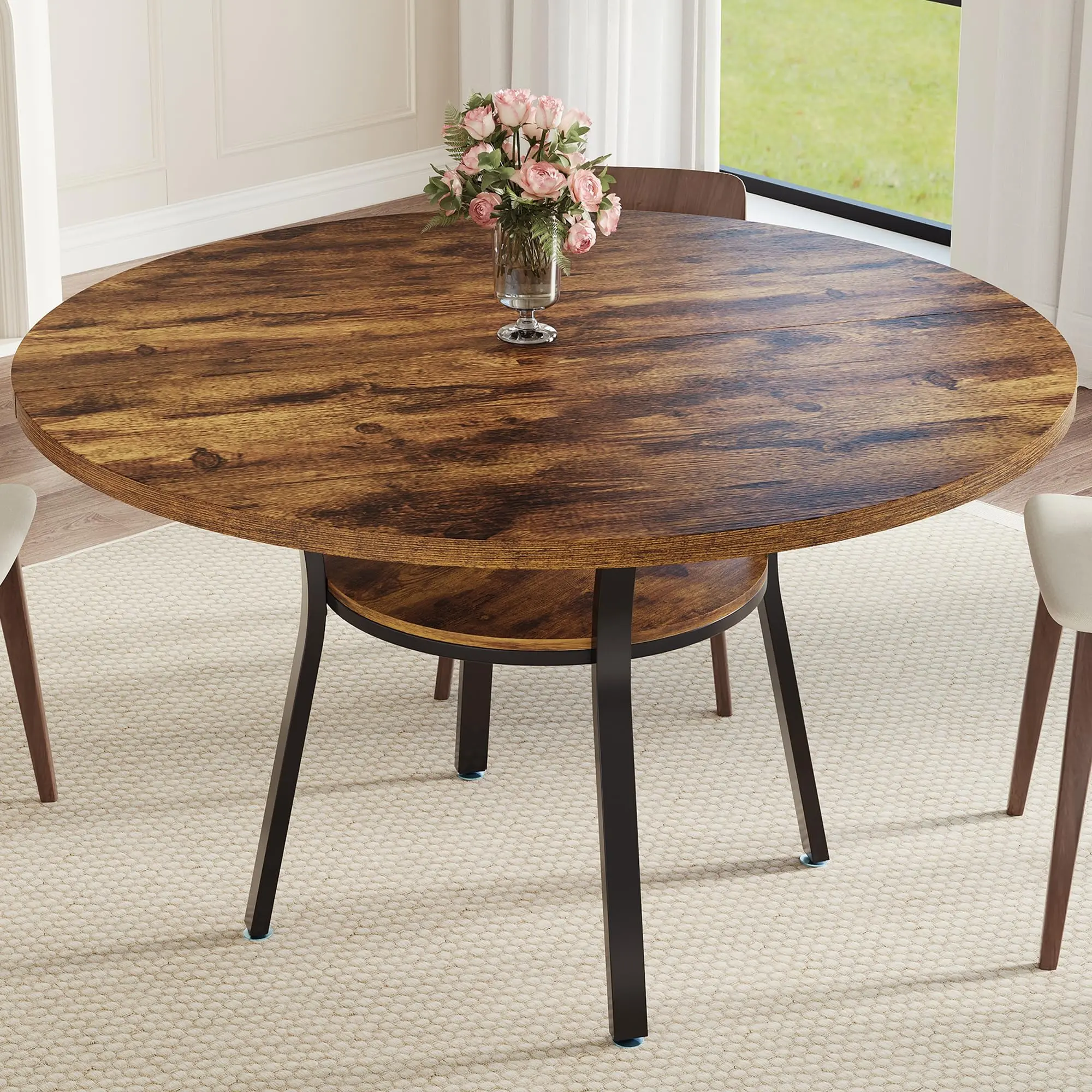 Garvee Round Dining Table, 47 Inch, Seats 4-6, Kitchen Table with Sturdy Metal Frame, Space-Saving Circular Design, Rustic Brown Finish, Perfect for Small Dining Rooms (Table Only)
