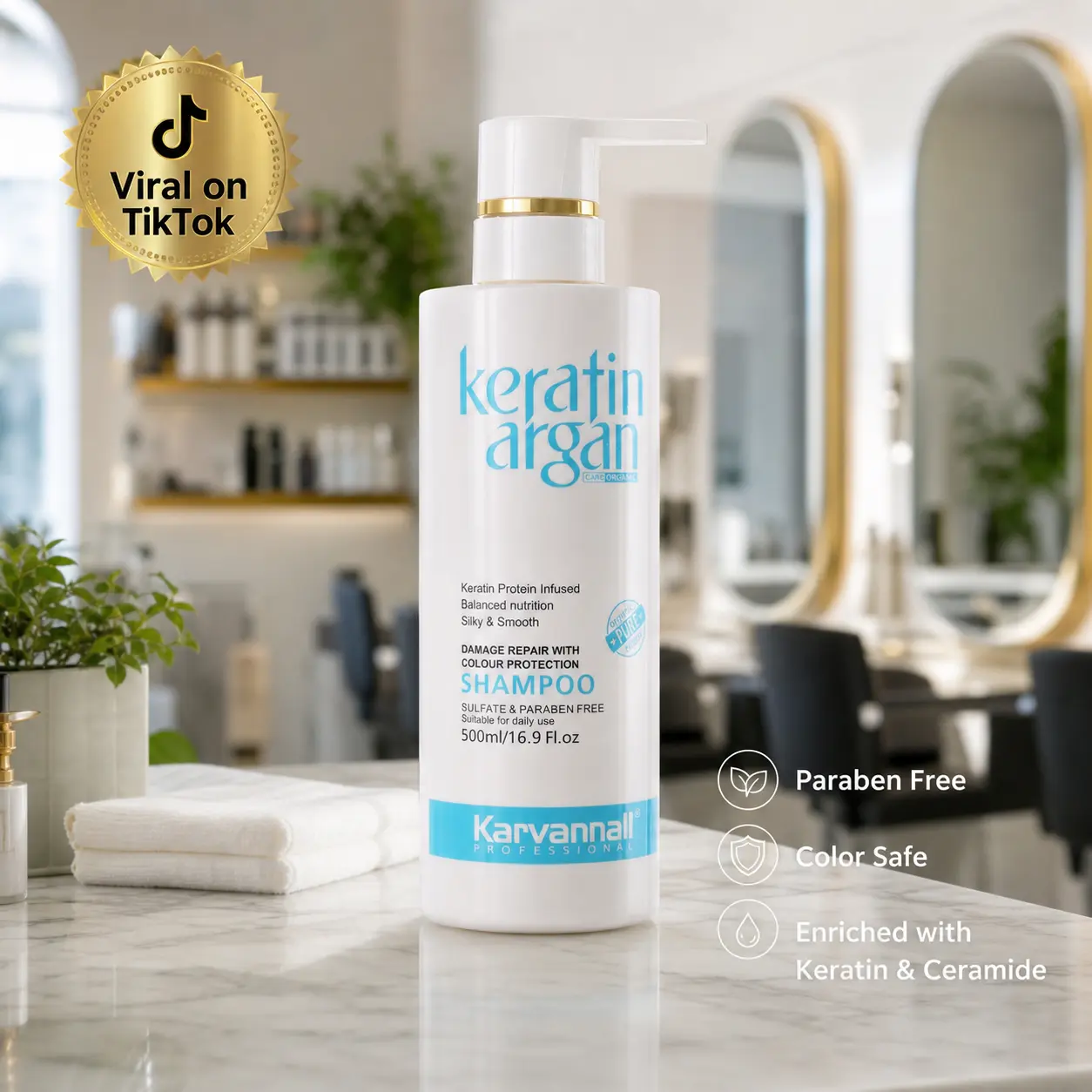Karvannall Professional Keratin & Argan Oil Conditioning Liquid Shampoo - 16.9 fl oz Cleanser, Color-Safe Shampoo for Adults' Damaged Curly Locks, Frizz Control, Bond Repair, Shiny Hair