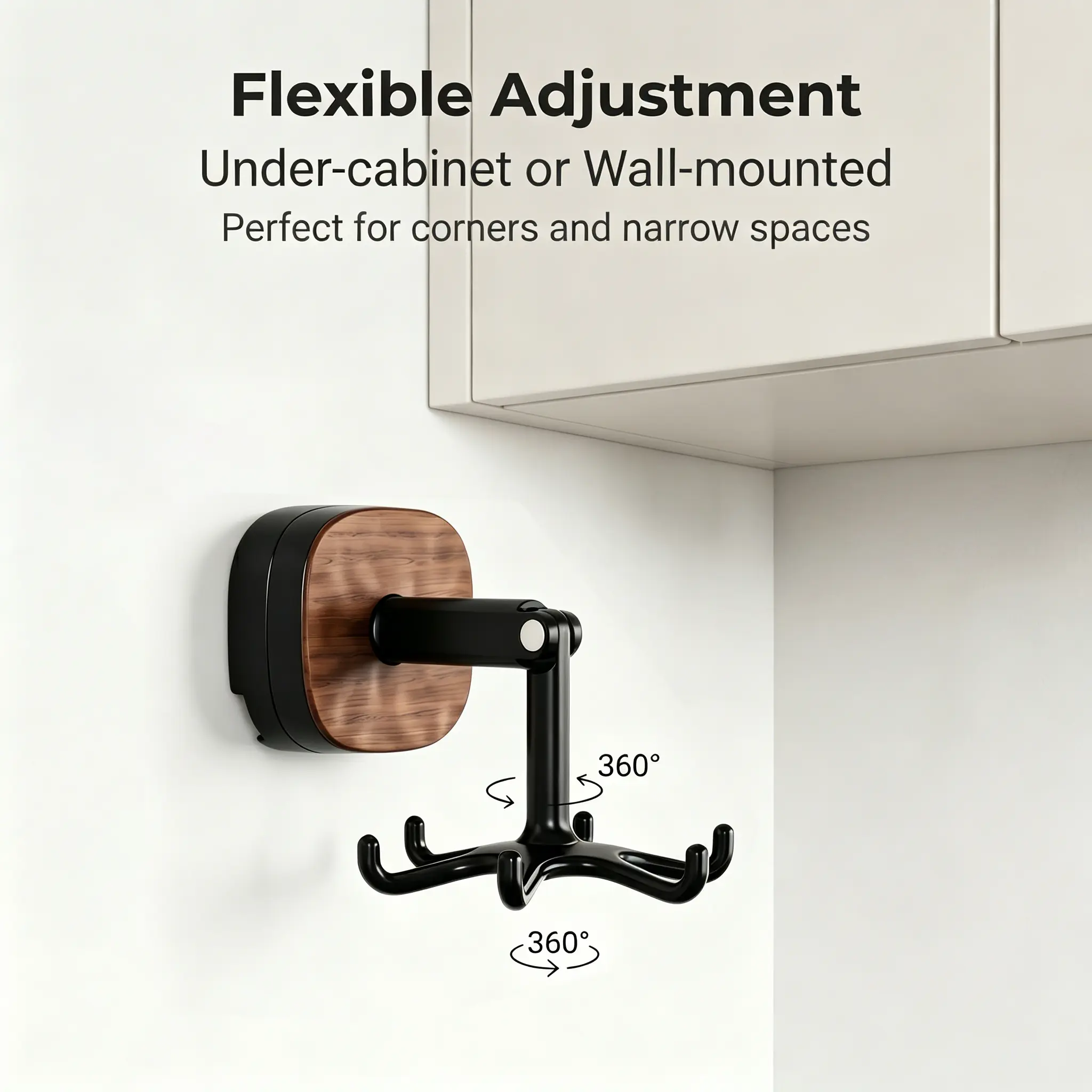 No-Drill 360° Rotating Hangable Rack - Adhesive Backing Home Organizer with Adjustable Arm, Multi-Purpose Plastic Body, Durable Convenient Hook for Kitchen, Bathroom