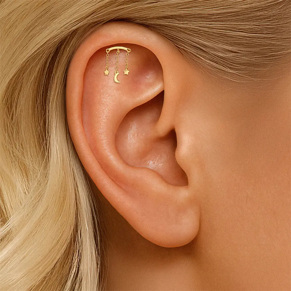 Star Moon Tassel Stud Earrings Golden Jewelry Birthday Wedding Engagement Anniversary Valentine's Day Romantic Gift Daily Wear