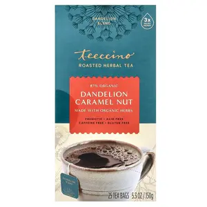Teeccino Roasted Herbal Tea, Dandelion Caramel Nut, Caffeine Free, 25 Tea Bags, 5.3 oz (150 g)