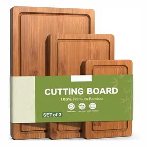 3-Piece Set Bamboo Cutting Board for Kitchen - Crack-Resistant Wood Chopping Boards with Deep Juice Grooves, Pre-Oiled Butcher Block for Meat, Vegetables & Cheese, Carbonized
