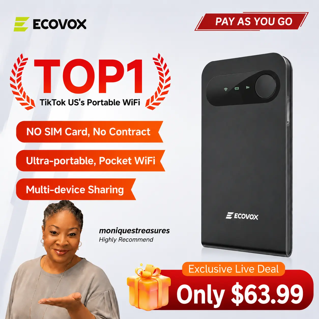 ECOVOX Global 4G WiFi6 Wireless Hotspot - USB-Powered Ultra-Light Portable Mini Device, 13-Hour Battery, No SIM Needed, 9-Device Connectivity, Ideal for Travel & Study Internet Access, Wireless Wifi Hotspot