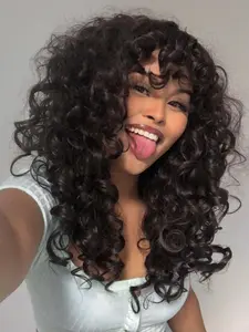 18 Inch Long Afro Curly Wigs for Women & Girls, Gorgeous Fluffy Wigs with Curly Bangs, Glueless Synthetic Hair Wigs for Cosplay & Costume Party, Beginners Glueless Wig