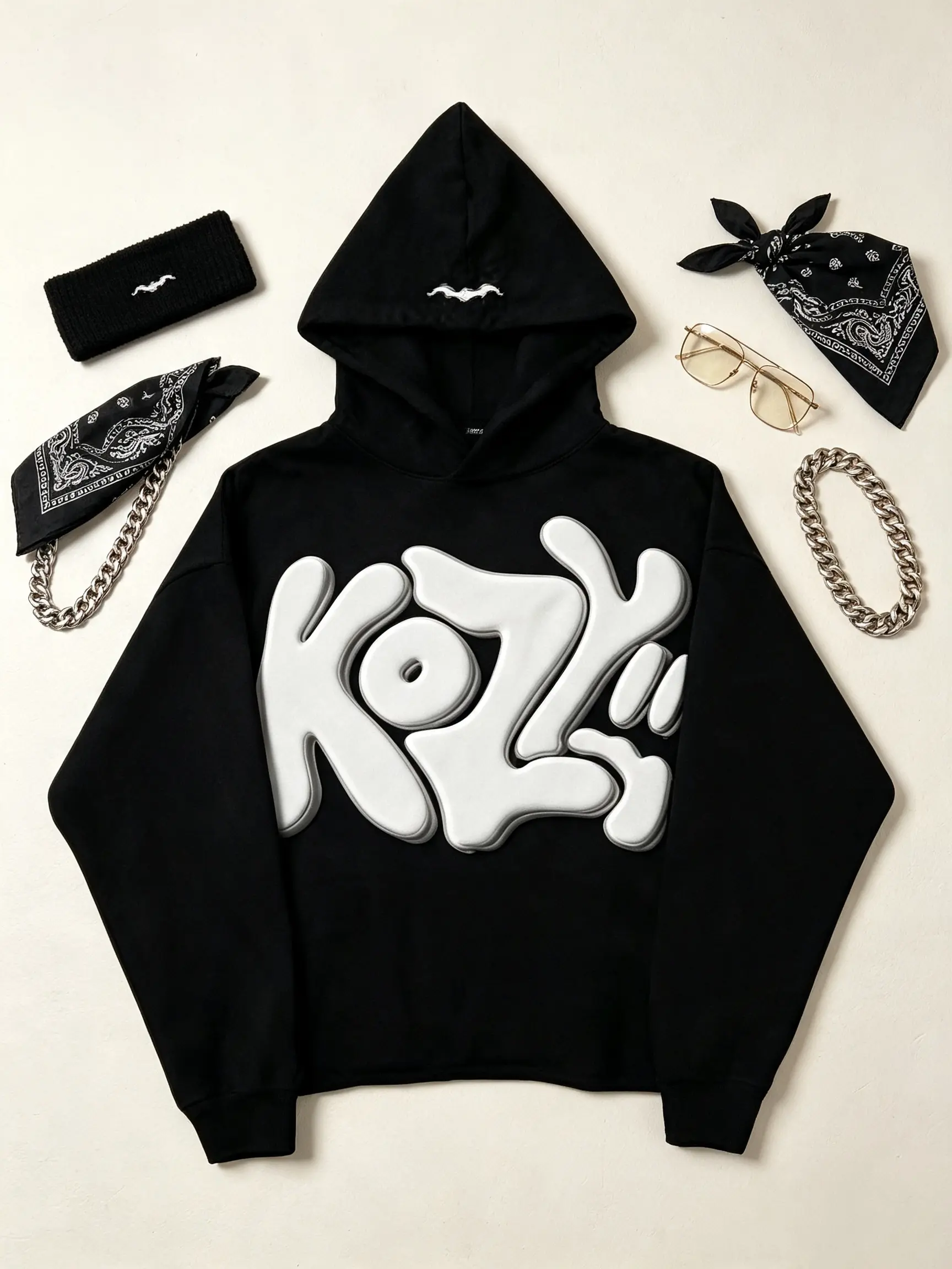 Bold KOZY Hoodie - Graffiti Bubble Letter Print Pullover, Loose Fit Casual Streetwear, Perfect for Holiday & Everyday Outfits，Street Punk Style y2k hoodies