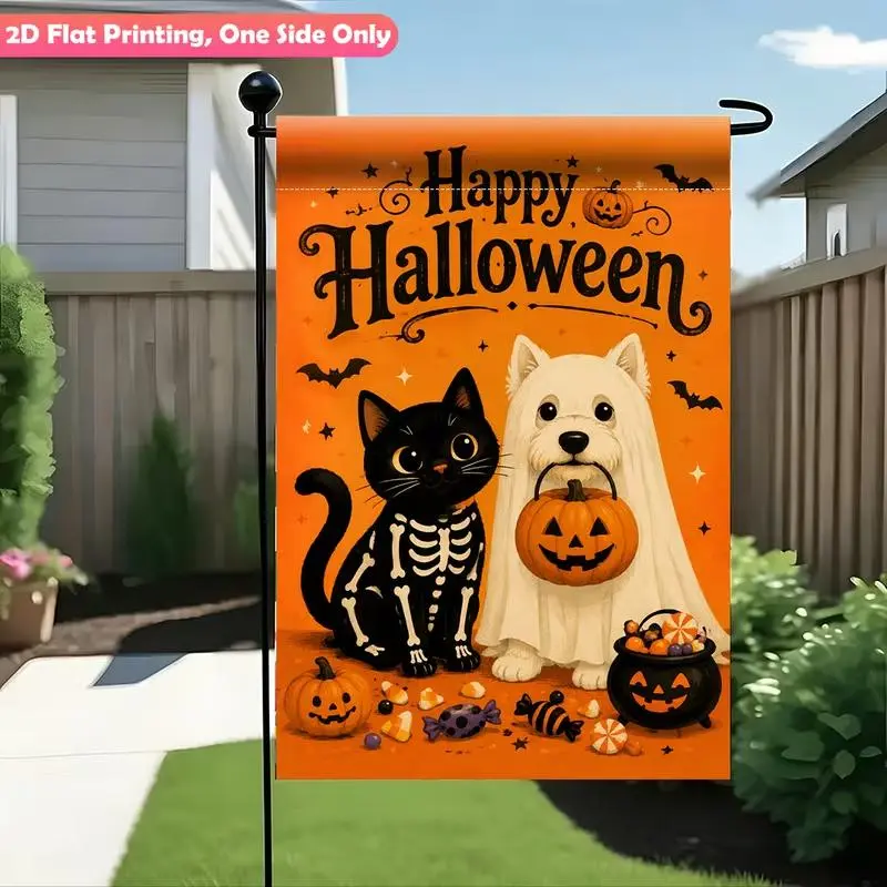 Halloween Single-Side 2D Print Garden Flag - Orange Background with Skeleton, Black Cat, Ghost, Dog, Jack-O'-Lantern, Candy, Bat - Cute Fall Outdoor Decor for Front Porch, Lawn - Flag Stand Not Included