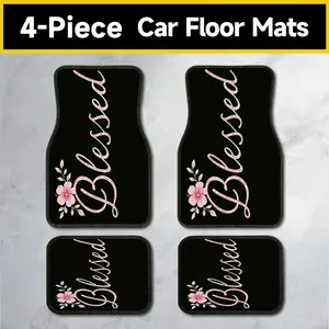 "Blessed" Pink Floral Car Floor Mats, 4-Piece Universal Set for Cars, Trucks & SUVs, Non-Slip Base, Durable Stain-Resistant Fabric, Inspirational Quote Print, Daily Use Auto Interior Accessories for Men and Women automotive new year gift